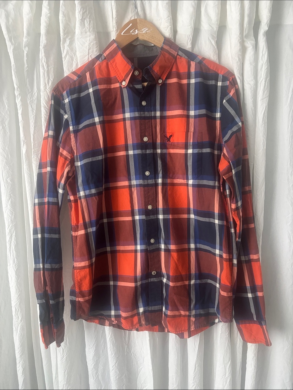 American Eagle Outfitters Orange and Navy Plaid Button-Down Shirt